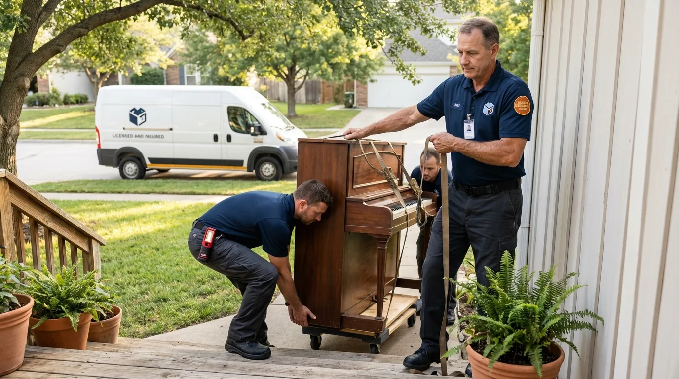 Licensed piano movers securing grand piano in Chatham, MA