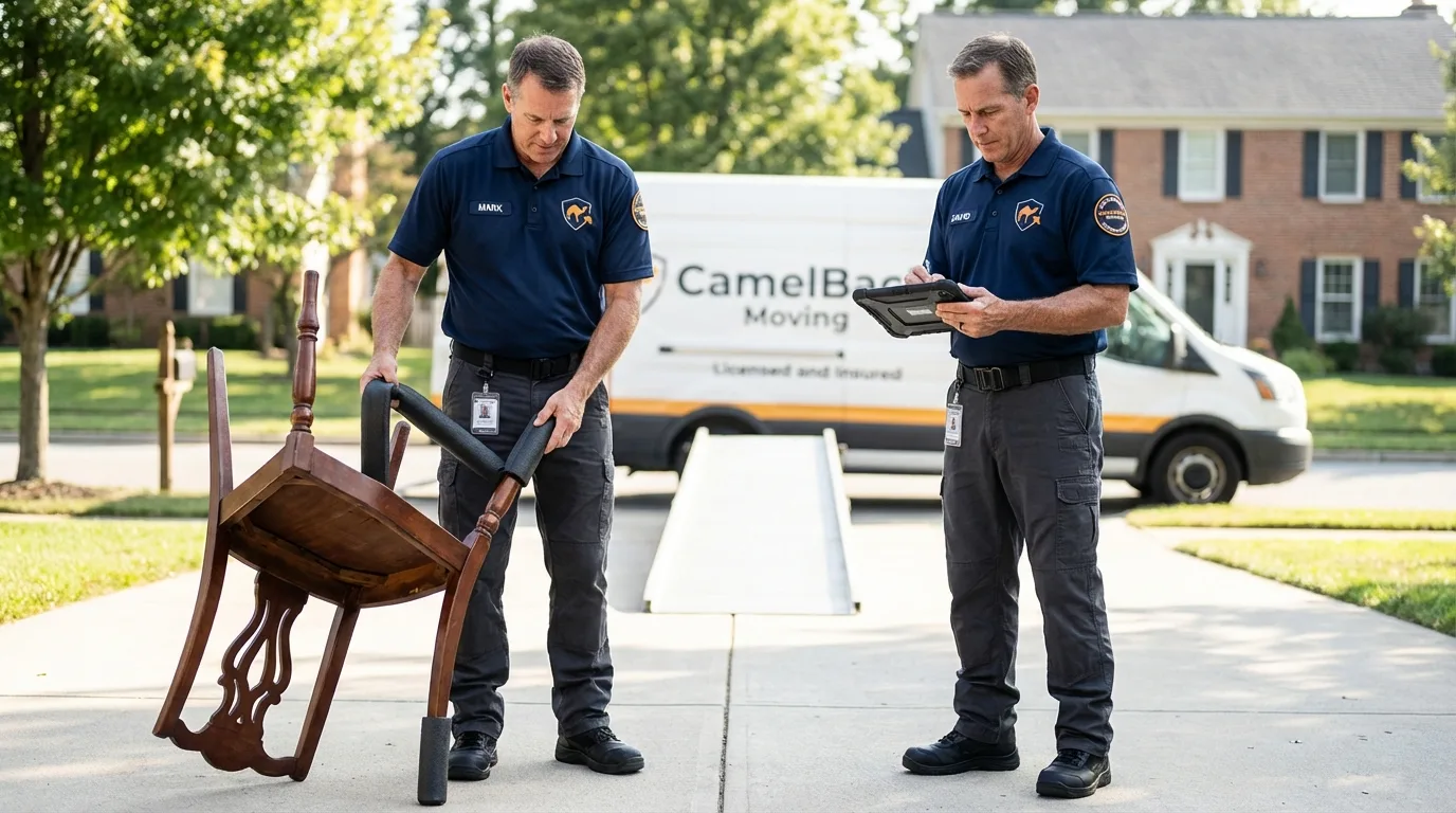 Movers inspecting furniture for damage prevention before loading in Chatham, MA